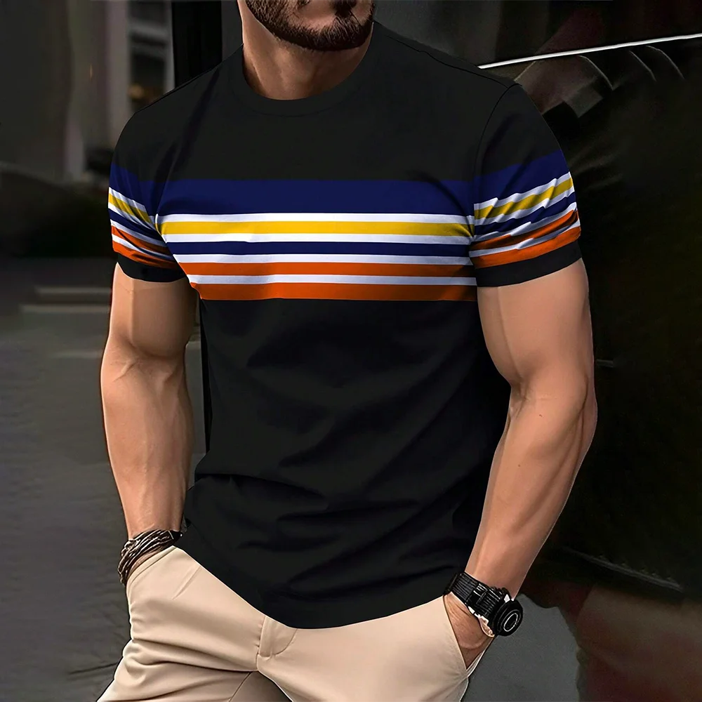 2024 Men'S Street T-Shirt Summer Men'S 3D Stripe Letter Print Short Sleeve Tops Oversized Casual Tee Hipster T Shirts Clothing