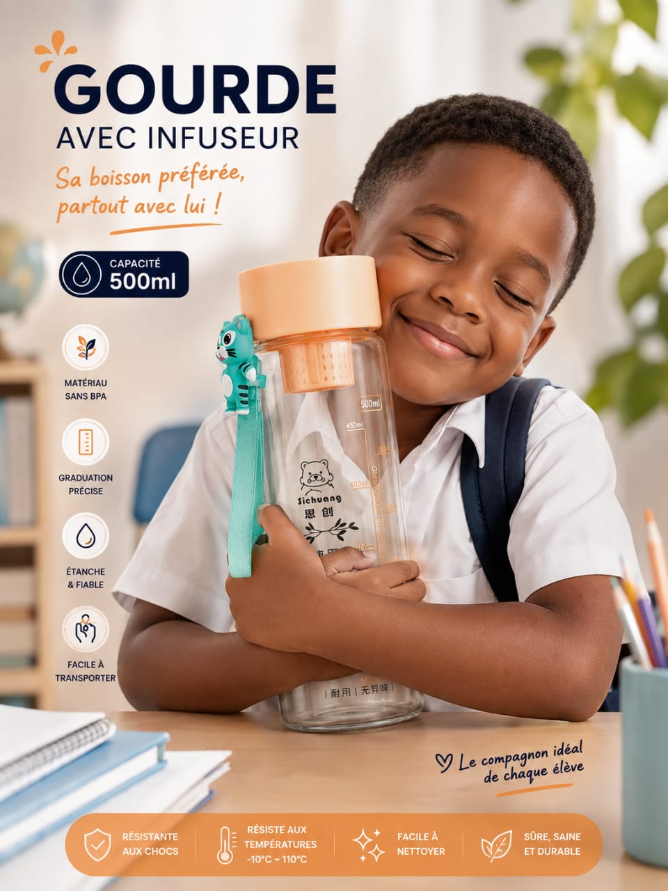 Gourde en verre avec infuseur 500ml — Sans BPA, graduée et étanche