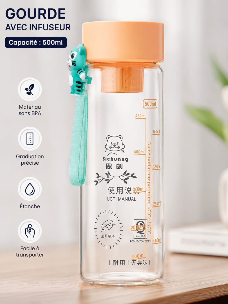 Gourde en verre avec infuseur 500ml — Sans BPA, graduée et étanche