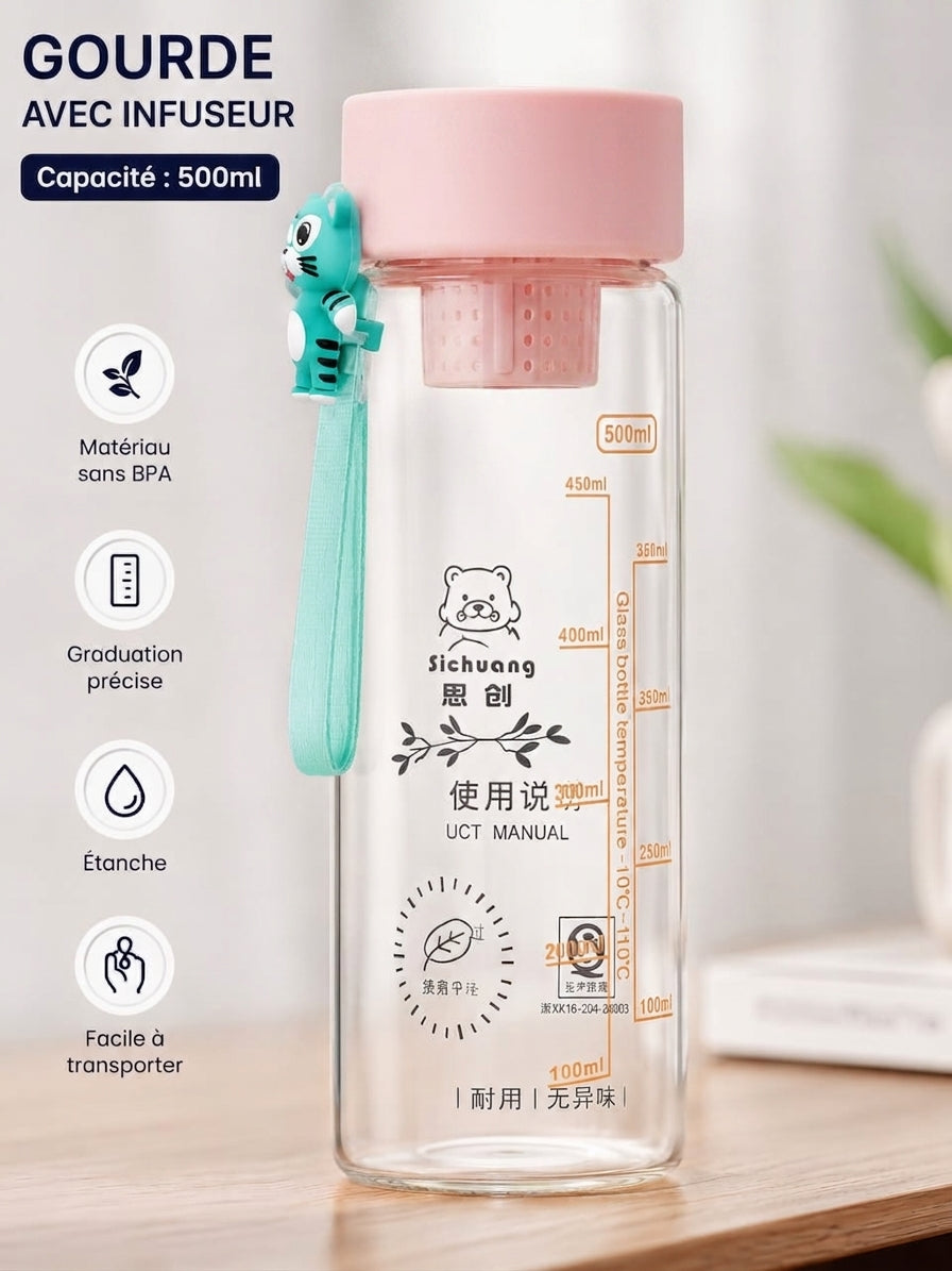Gourde en verre avec infuseur 500ml — Sans BPA, graduée et étanche